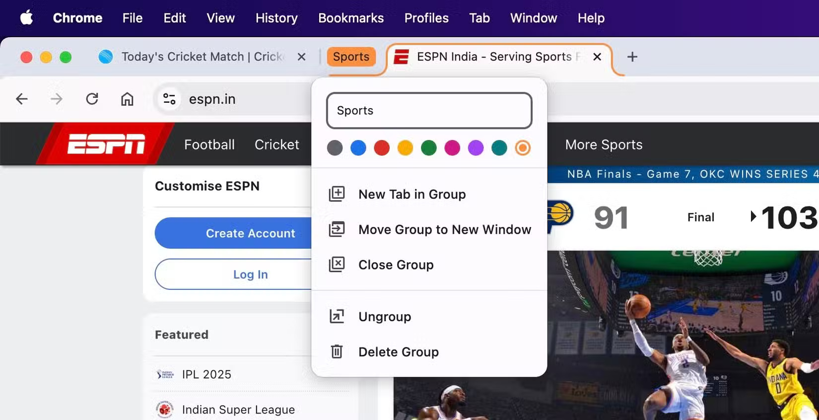 Đặt tên và chọn màu cho Tab Groups mới trong Chrome trên máy Mac.