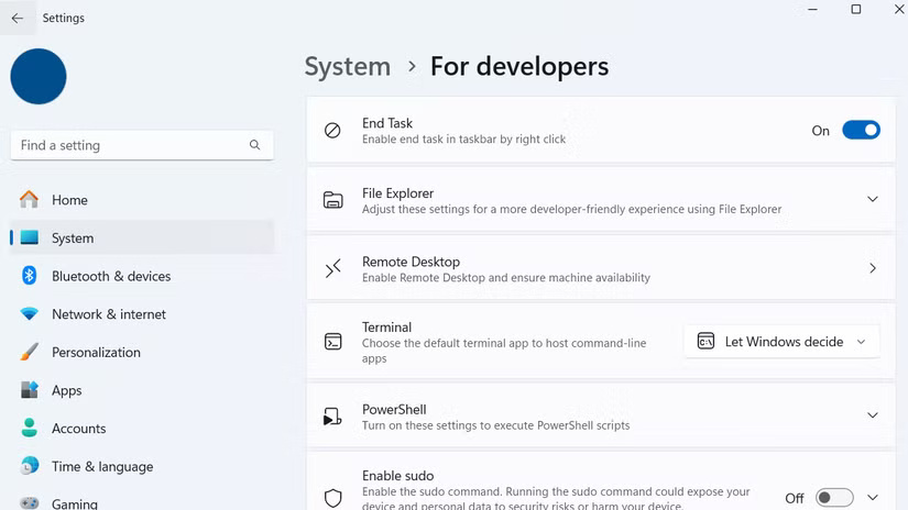 Ứng dụng Settings Windows 11 hiển thị menu dành cho nhà phát triển