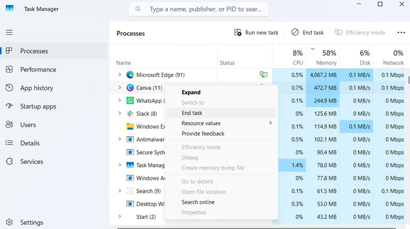 Task Manager Windows hiển thị tùy chọn End task cho ứng dụng Canva