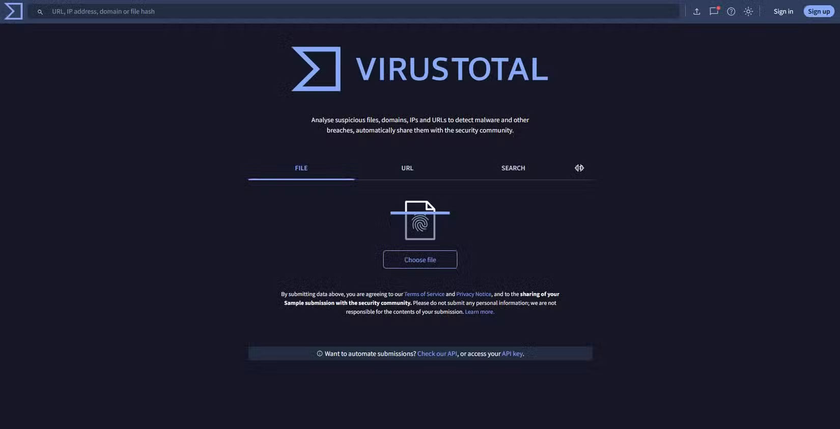 Trang chủ của VirusTotal.