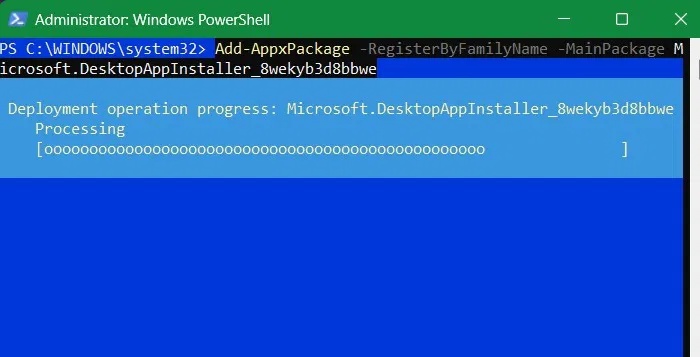 WinGet đang được đăng ký lại thông qua lệnh cmdlet Add-AppxPackage trong PowerShell.