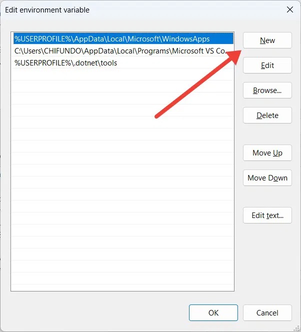 Nhấp vào nút 'New' trong cửa sổ Edit environment variable.