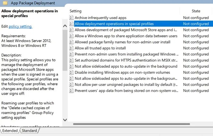 Policy App Package Deployment hiển thị trên Local Group Policy Editor.