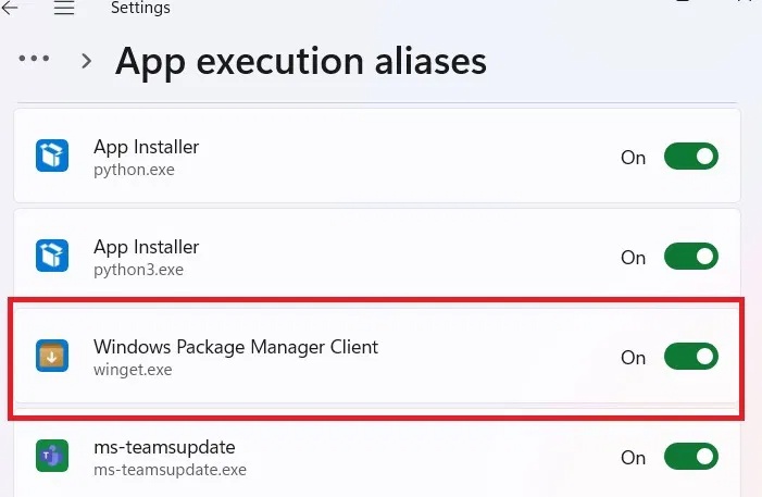 Windows Package Manager Client đã tắt trong App Execution Aliases.