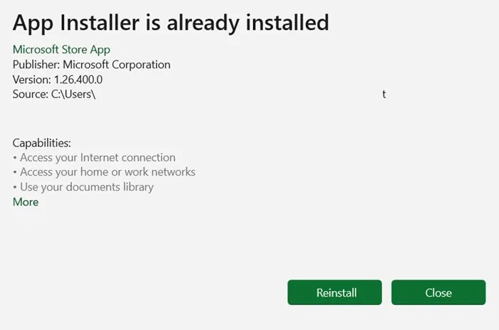 App installer đã được cài đặt trong Windows