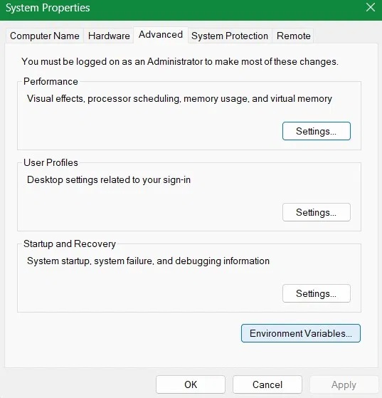Nhấp vào 'Environment Variables' trong tab 'Advanced' của System Properties.