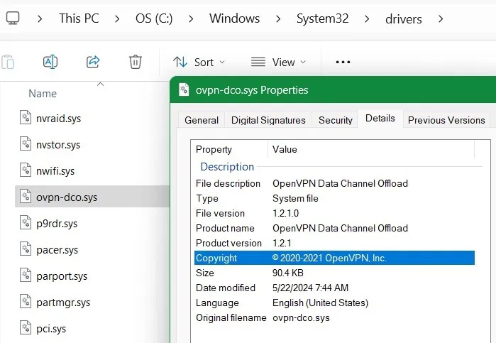 Xác định vị trí và mở driver DCO của OpenVPN trong System32.