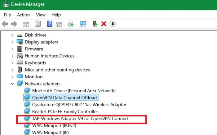 Định vị driver DCO và TAP của OpenVPN trong Network Adapters.