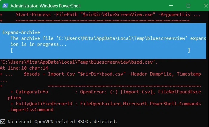 Không phát hiện thấy BSOD liên quan đến OpenVPN nào trong hệ thống gần đây.