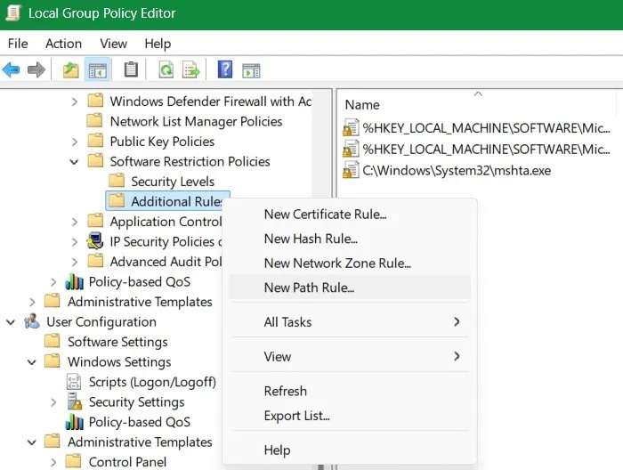 Chọn New Path Rule trong Local Group Policy.
