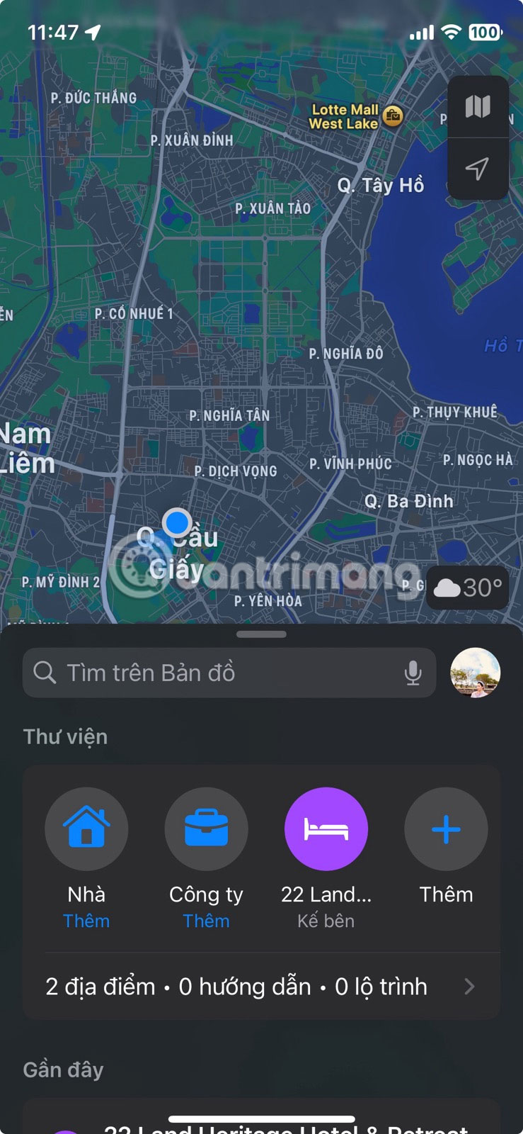 Chế độ xem Ghim trong Thư viện trong Apple Maps.