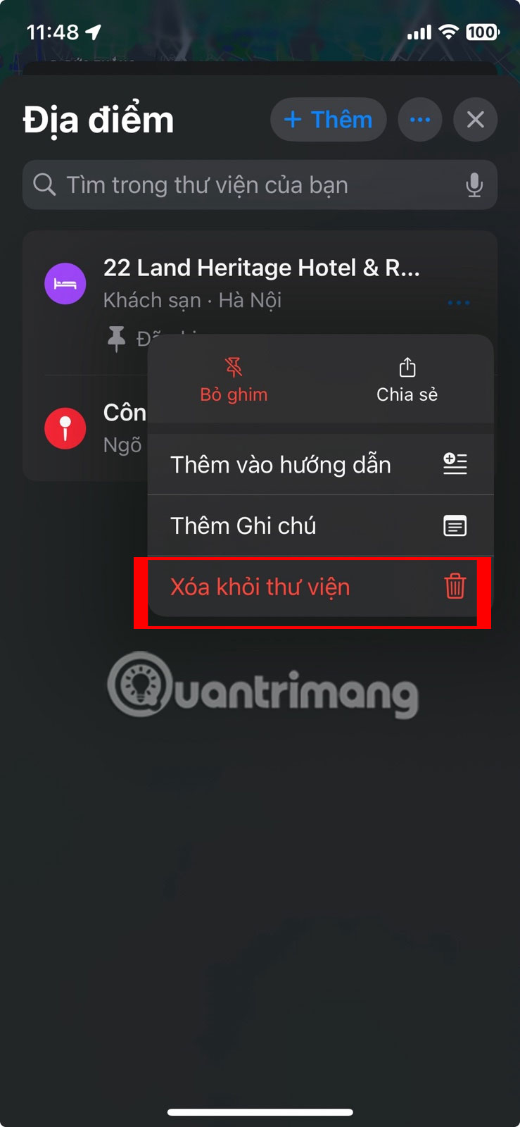 Xóa địa điểm đã lưu khỏi Thư viện trong Apple Maps.