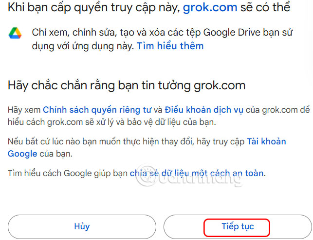 Tài khoản Google Drive kết nối với Grok Studio