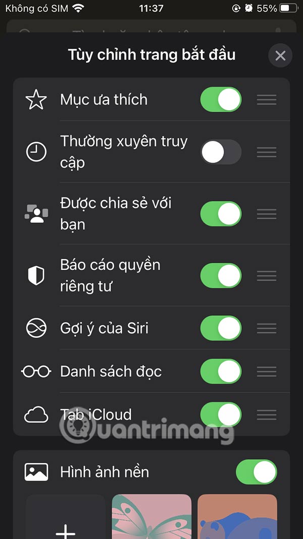 Nội dung hiển thị trang bắt đầu Safari