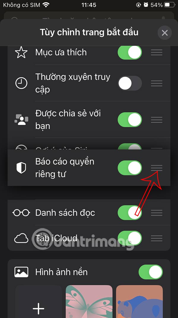 Thay đổi thứ tự hiển thị trang bắt đầu Safari