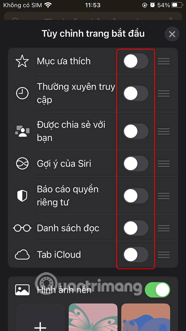 Tắt hiển thị nội dung trang bắt đầu Safari