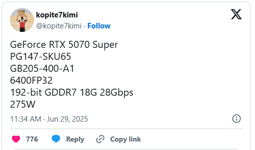 Rò rỉ thông số NVIDIA GeForce RTX 5070 SUPER: 6400 nhân, 18GB bộ nhớ, công suất 275W