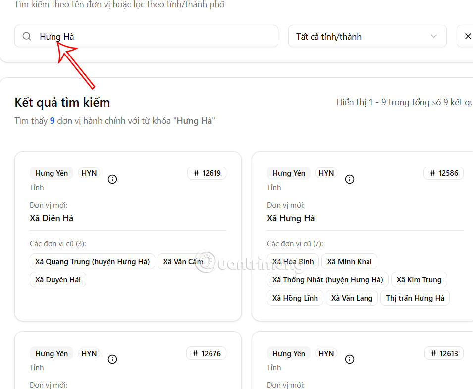 Nhập địa điểm muốn tra cứu sau khi sáp nhập