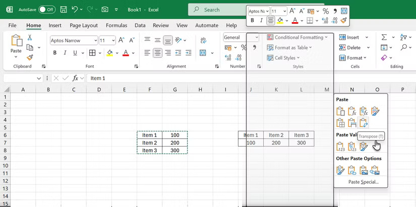 Microsoft Office Transpose trong Excel