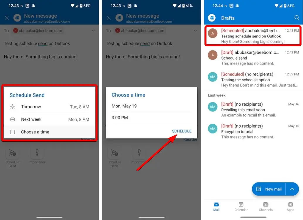 Thời gian lên lịch gửi email Outlook Android