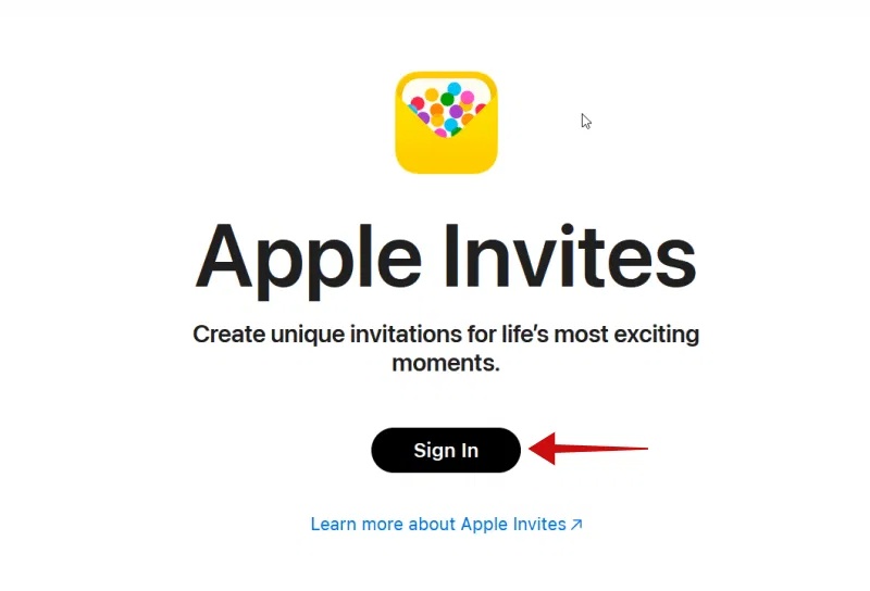 Nhấn vào nút Sign in trên trang web Apple Invites.