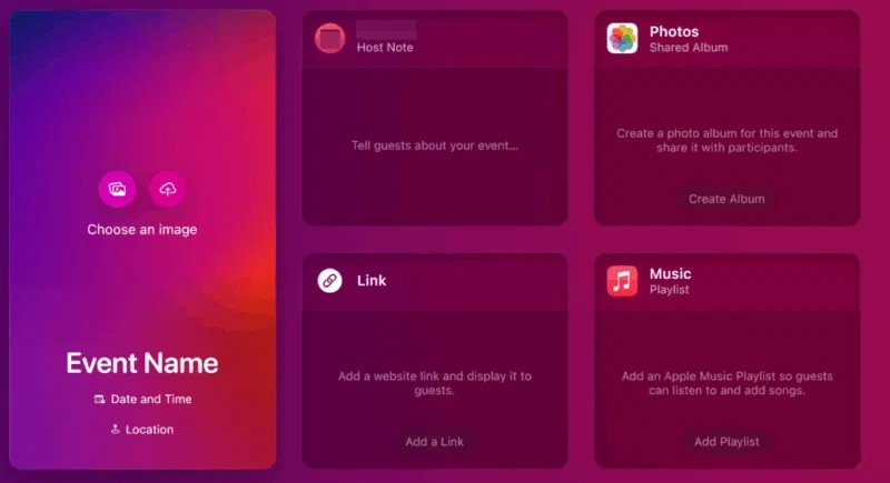 Tạo lời mời sự kiện mới trong phiên bản web Apple Invites.