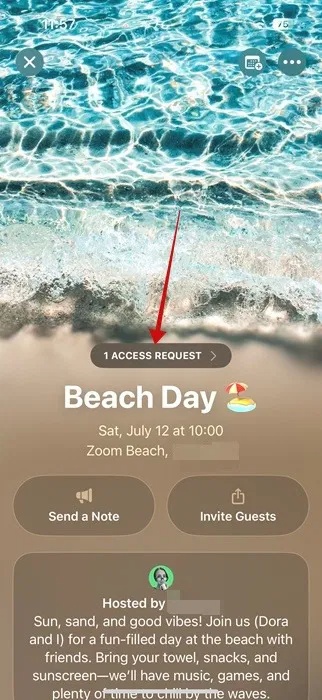 Nhấn vào Access Request trên thiết bị host trong ứng dụng Invites trên iPhone.