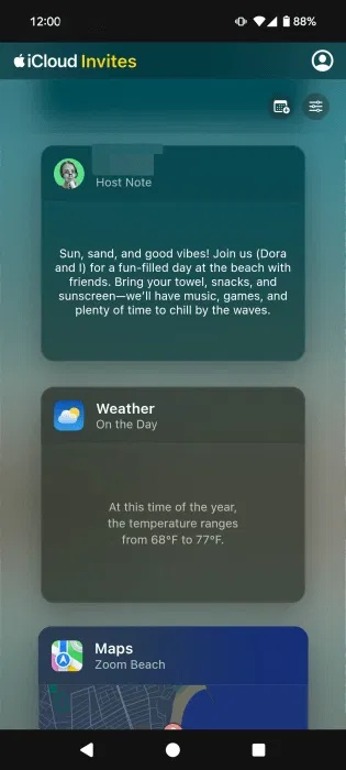 Tổng quan sự kiện được tạo bằng ứng dụng Apple Invites trên thiết bị khách.