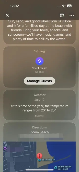 Xem khách trên trang sự kiện trong ứng dụng Invites trên iPhone.