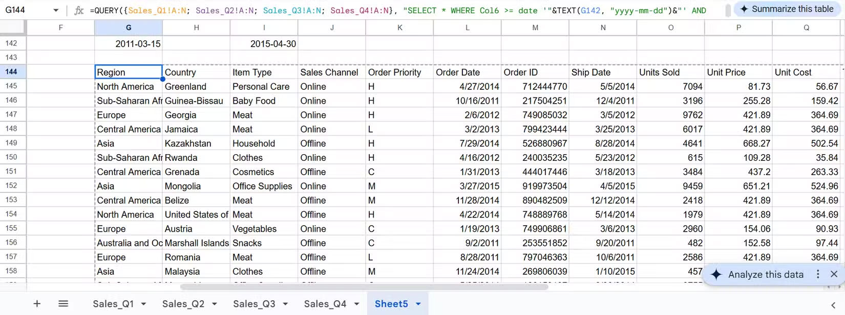 Kết quả của hàm QUERY với tham chiếu ô động trong Google Sheets