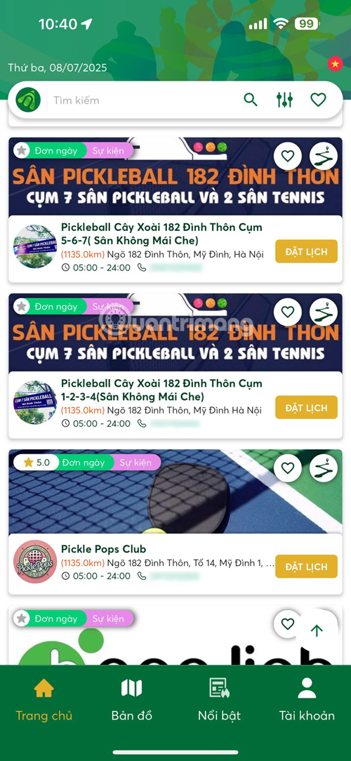 app đặt sân chơi pickleball