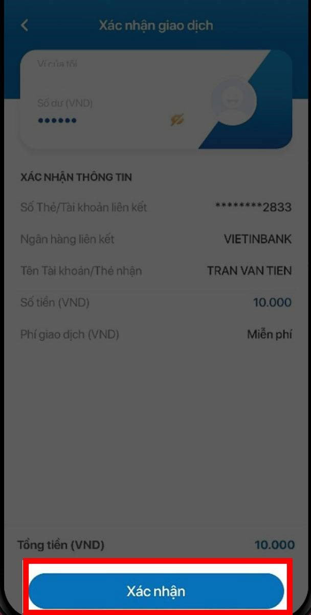 Xác nhận thông tin rút tiền trên VNPAY