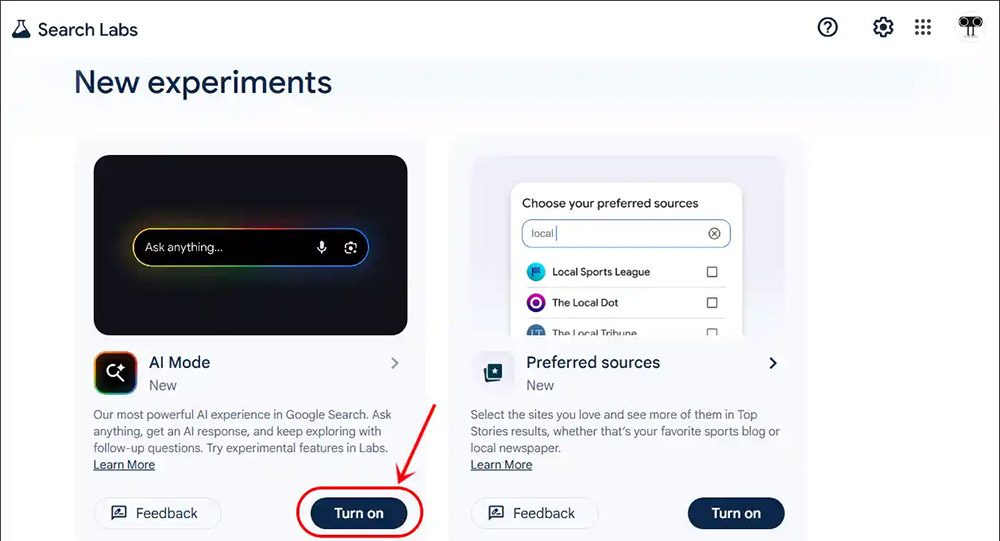 Bật AI Mode Google tìm kiếm