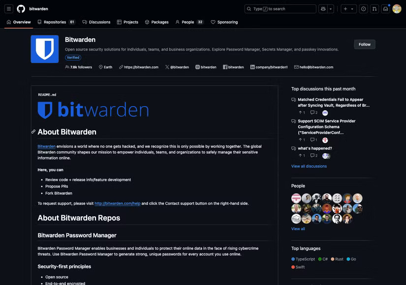 Trang tổ chức Bitwarden trên GitHub