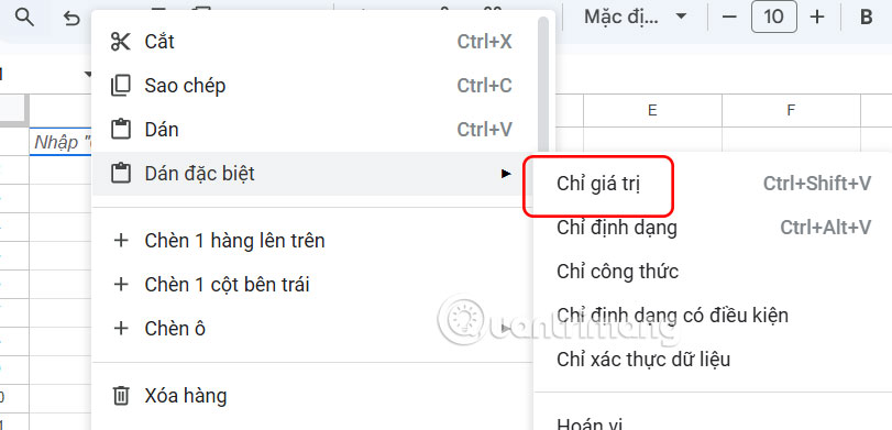 Paste văn bản từ Docs sang Sheets 