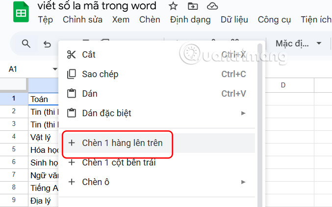 Tạo tiêu đề cột trong Sheets 