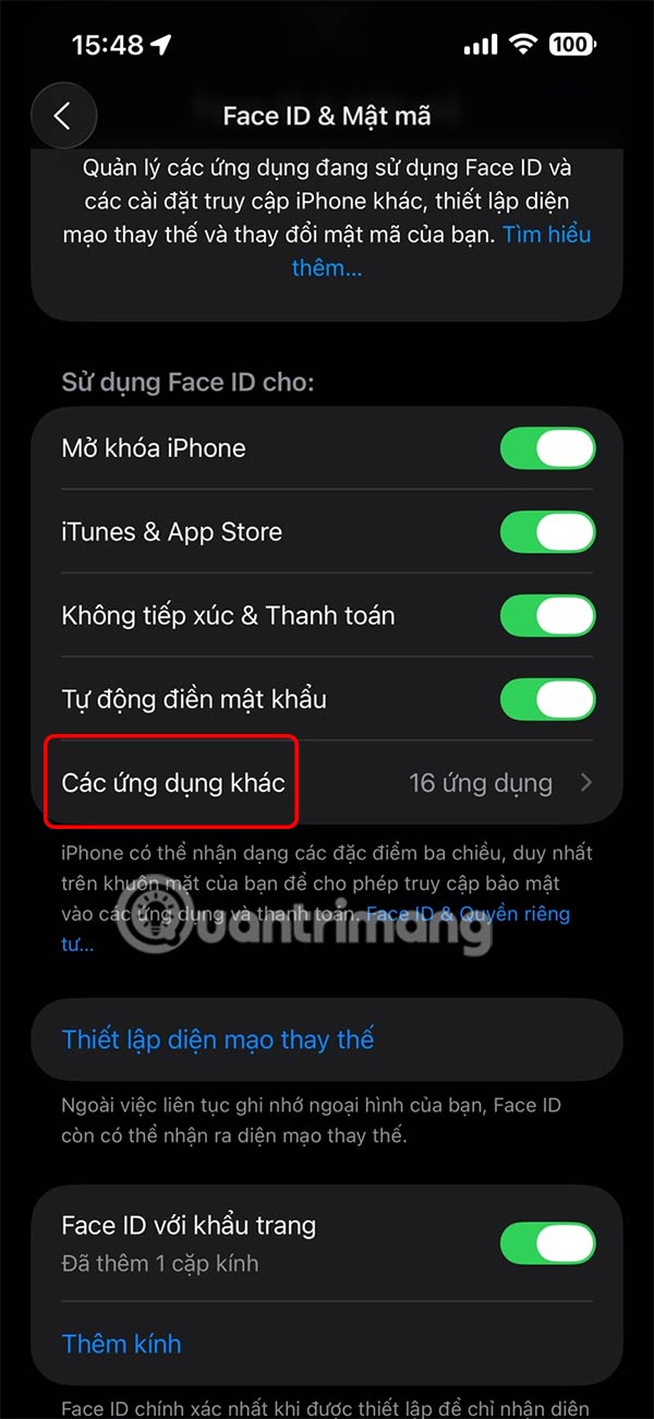 Ứng dụng khác trên Face ID