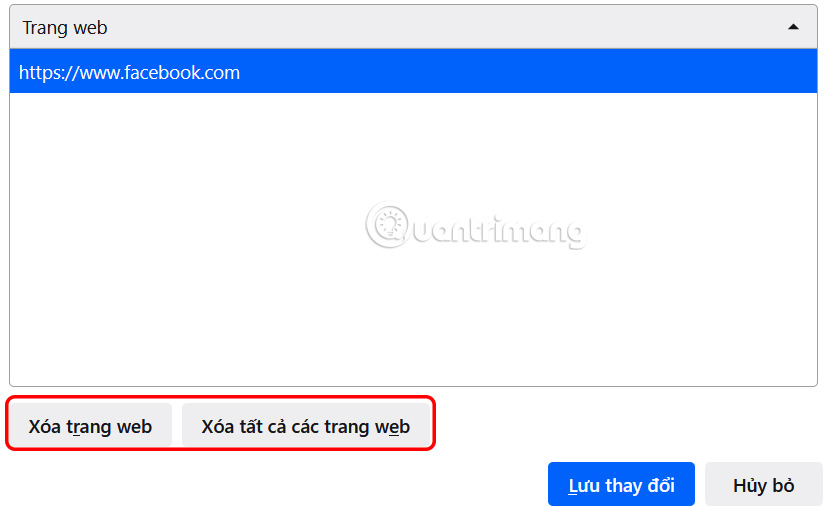 Xóa trang web ngoại lệ