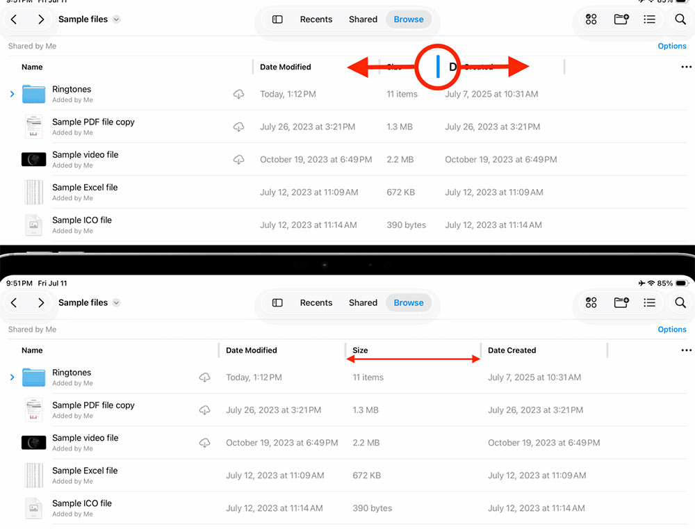 Tăng, giảm chiều rộng của cột trong thư mục Tệp