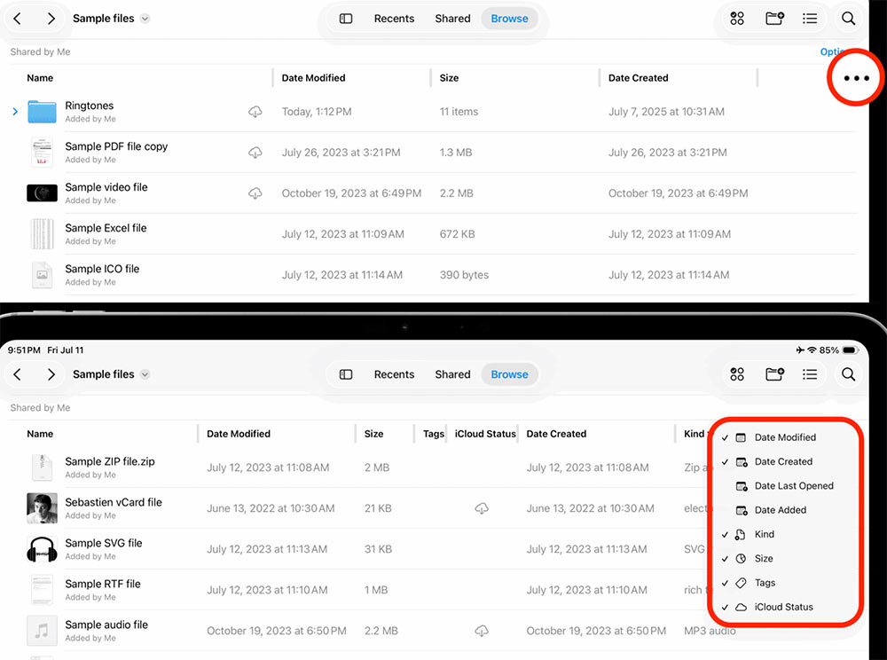 Ẩn hoặc hiện cột trong thư mục Tệp