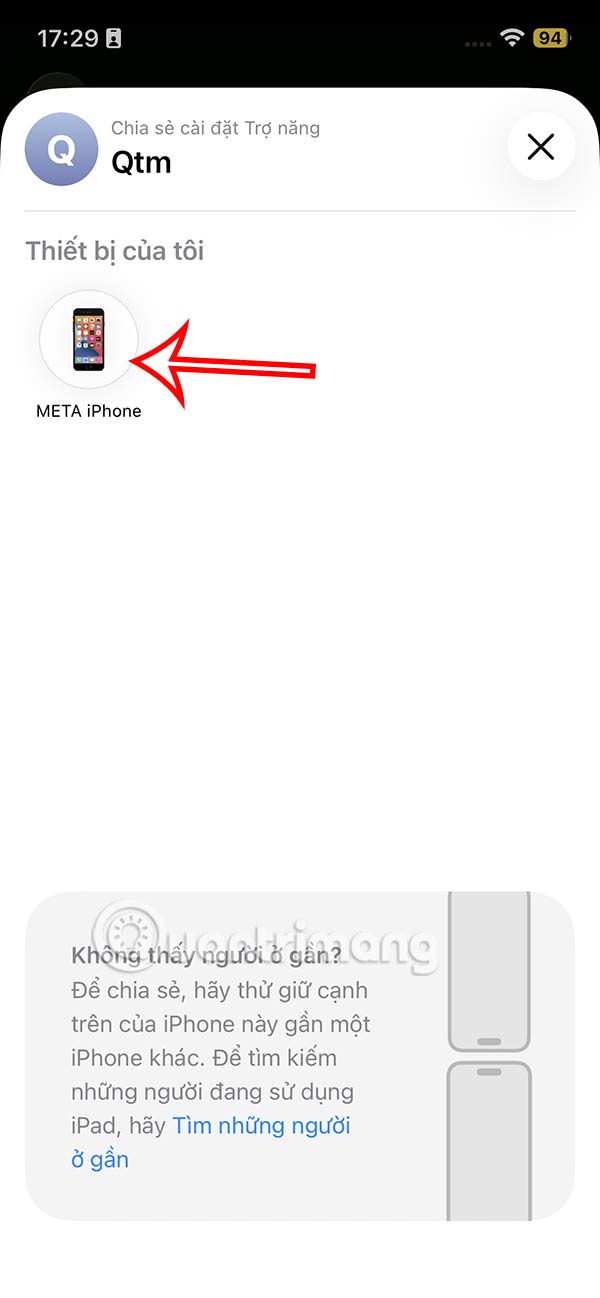 Chọn thiết bị chia sẻ cài đặt trợ năng