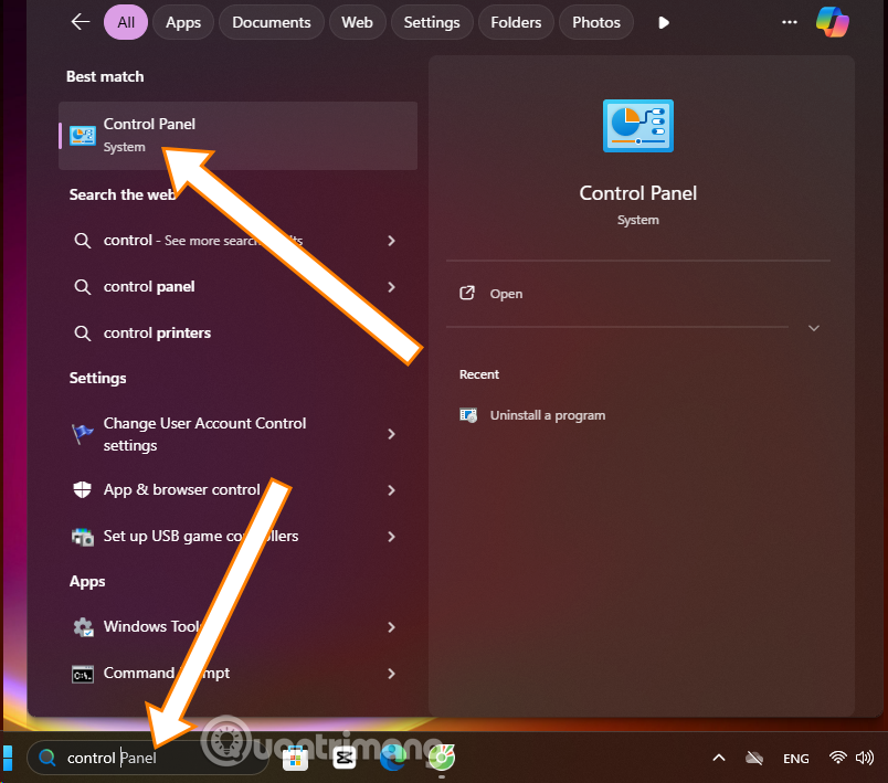Sử dụng menu Start