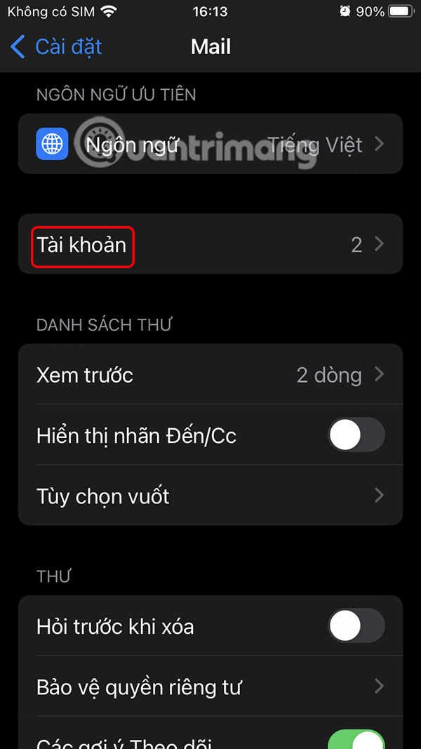 Tài khoản Mail iPhone
