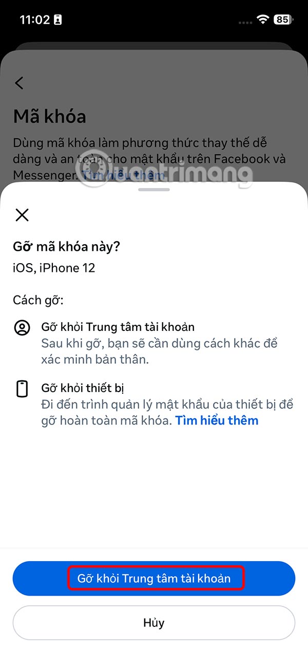 Gỡ passkey Facebook
