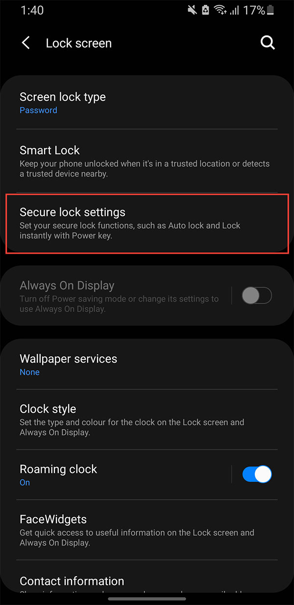 Secure lock settings Android