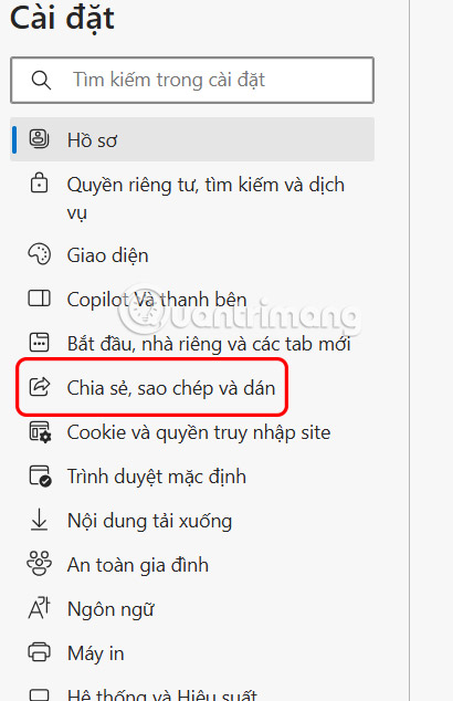 Chia sẻ, sao chép và dán ở menu bên trái trong Edge