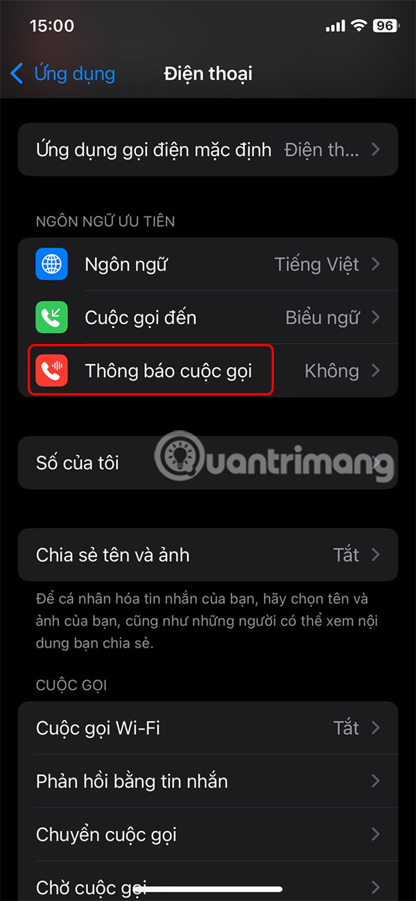 Chỉnh thông báo cuộc gọi iPhone