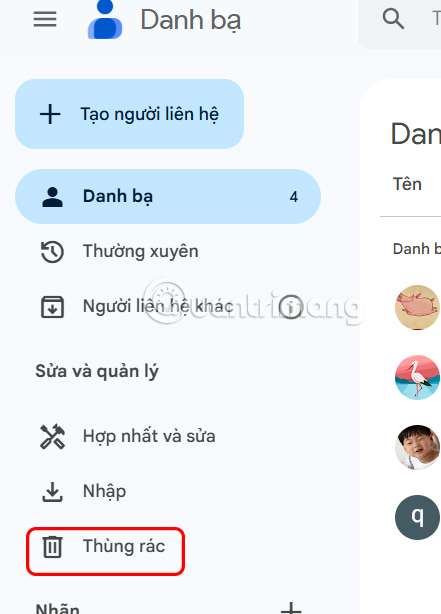 Thùng rác quản lý danh bạ xóa trên Android