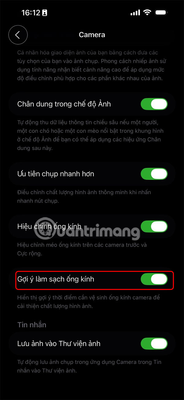 Bật thông báo làm sạch camera iPhone