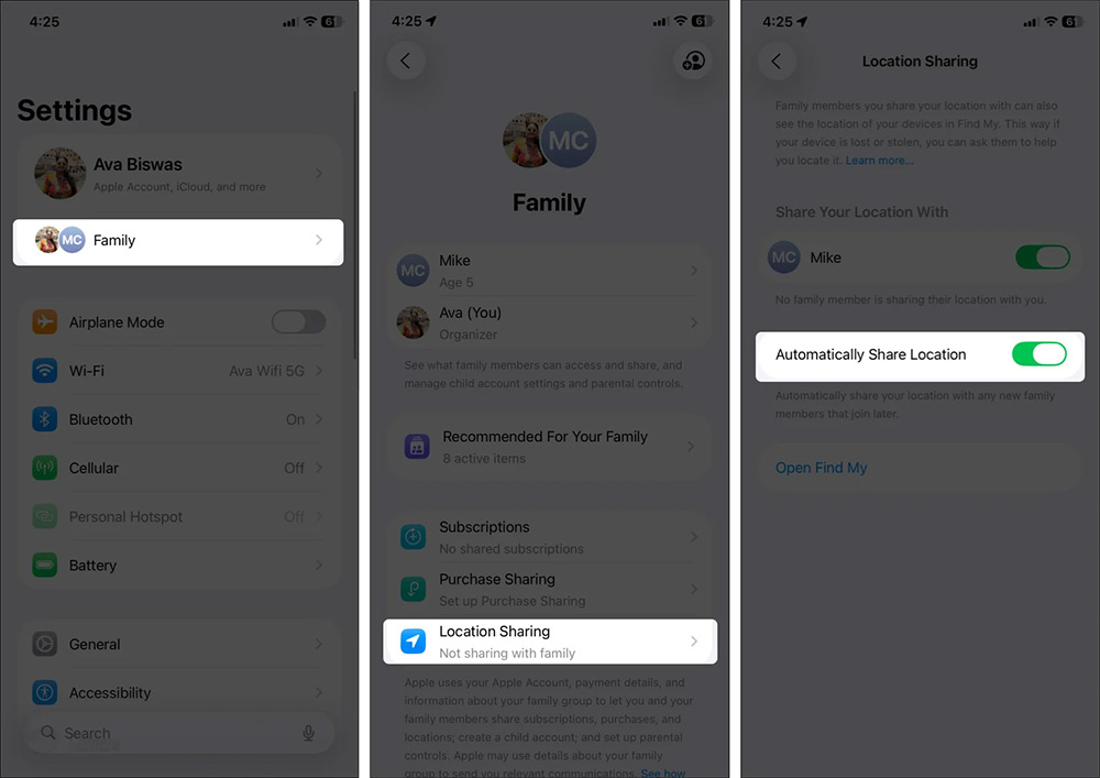 Bật chia sẻ vị trí trên Family Sharing iPhone